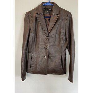 Kenneth Cole Womens Brown Leather Jacket Size S Button Front Pockets Lined